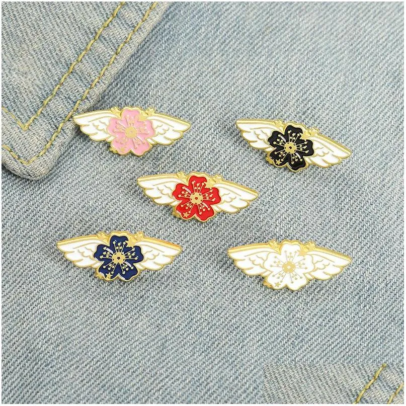 cartoon japanese cherry blossoms brooch set 5pcs alloy gold plated enamel paint flower badges for girls pin shirt jewelry gift clothes