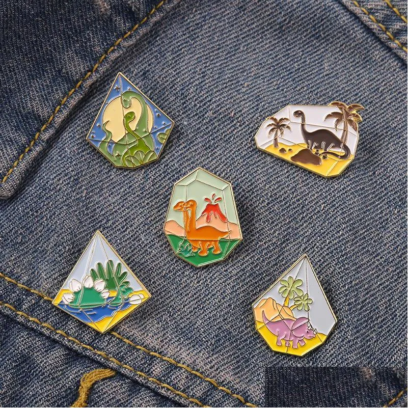 cartoon funny dinosaur brooch set 5pcs animal enamel paint badges for girls gold plated lapel pins shirt jewelry gift clothes