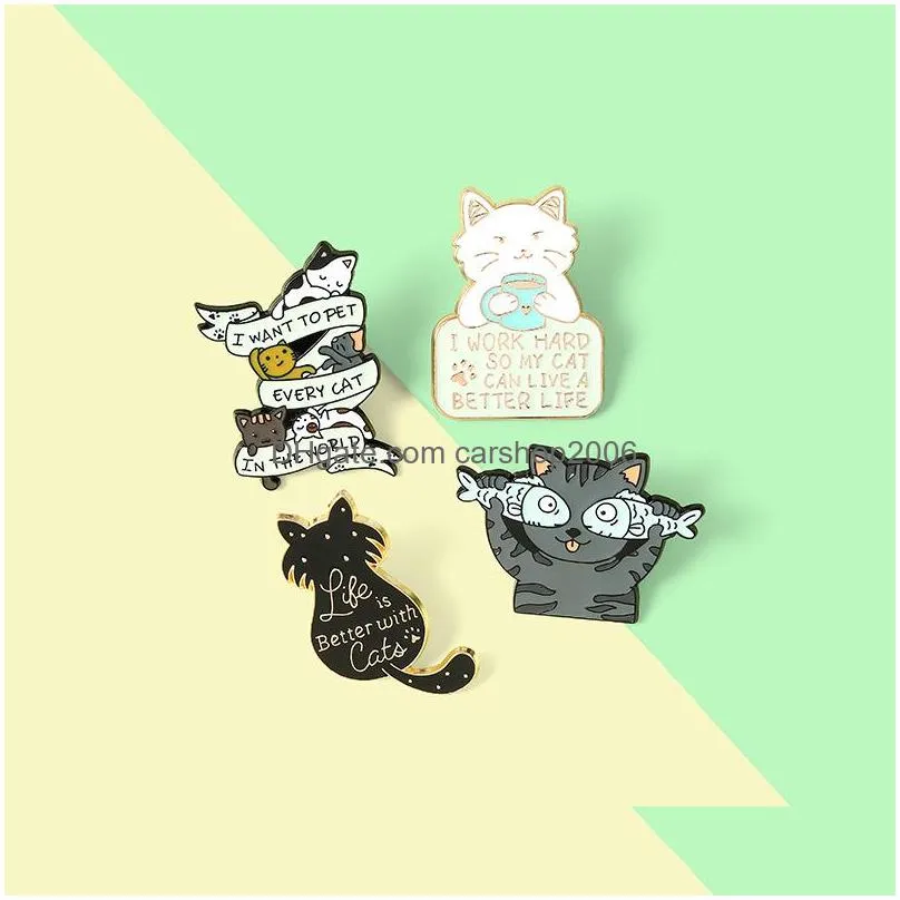 cute little cat enamel pins creative animal brooches 4pcs /set gold plated letter brooch for girls shirt badge jewelry gift bag