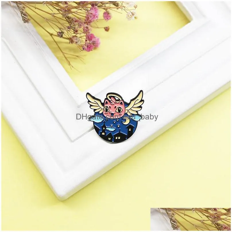 enamel paint lapel pins in dark night the baby angel flies to the kindhearted family send good luck cartoon badges denim shirt gift bag accessories collar