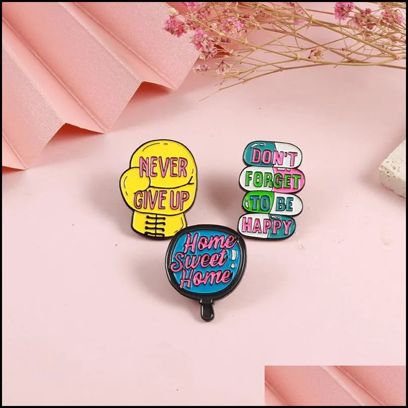 womens designer brooches pins never give up english inspirational quotes design fashion badge bags accessories enamel brooch pin jewelry 2 3zn6