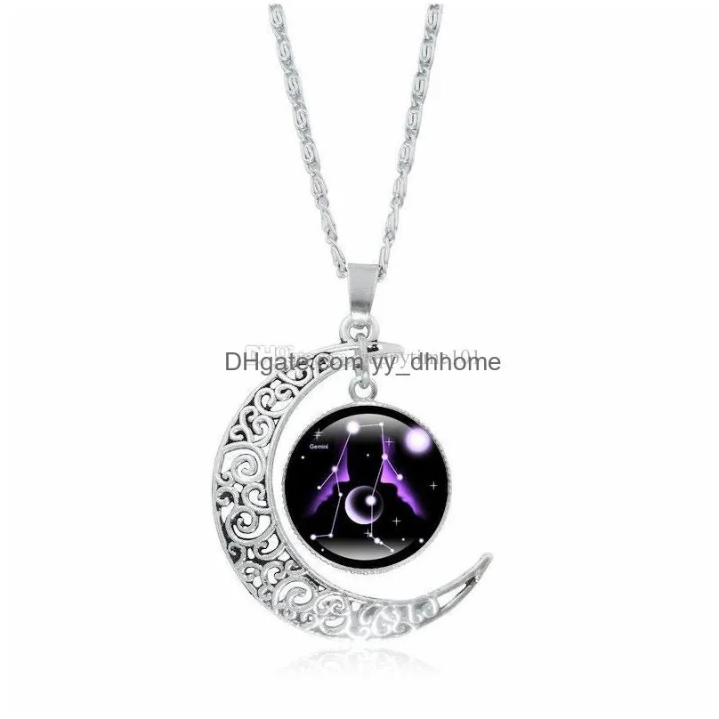 fashion 12 constellation necklace zodiac glass cabochon pendant silver crescent moon silver chain necklace women jewelry