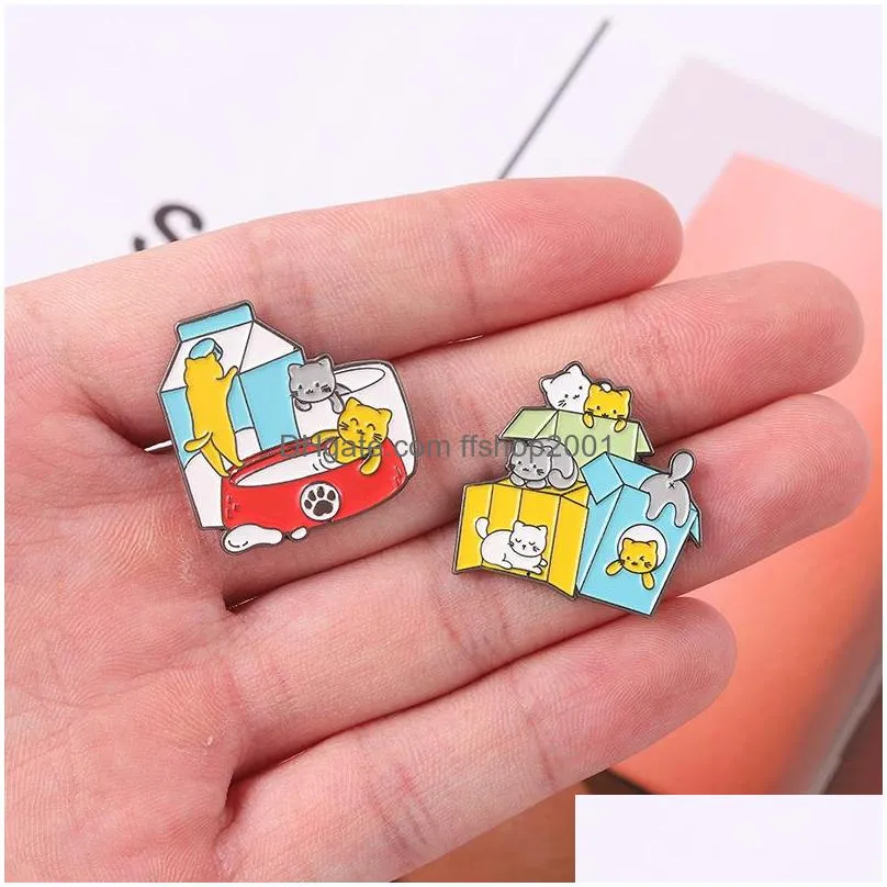 cartoon animal brooches for women cat with box pins brooch party metal painting enamel badge fashion creative jewelry gift accessories