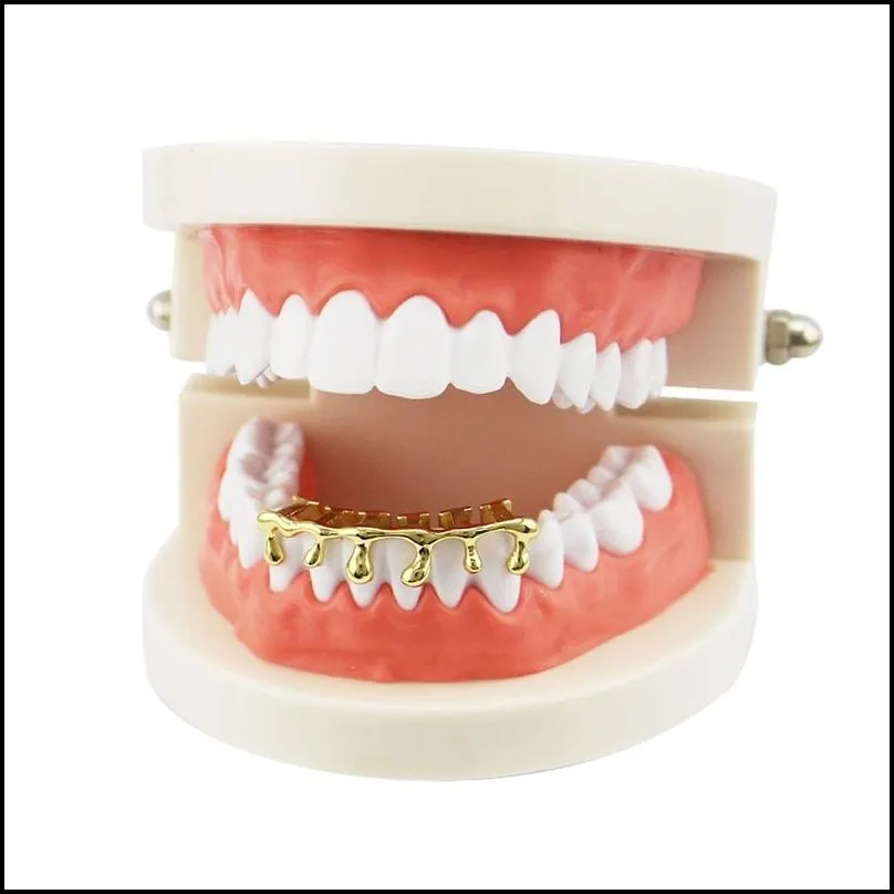 gold silver grillzs single tooth grillz cap top bottom grill bling custom teeth volcanic rock drop shape punk hip hop jewelry 2534 e3