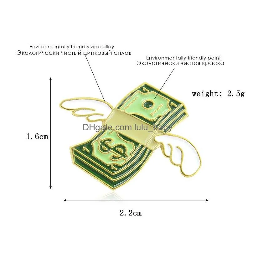 funny dollar with wings brooch creative cartoon flying dollars enamel pin for boys gold plated metal badges jewelry small fashion clothes bag hat