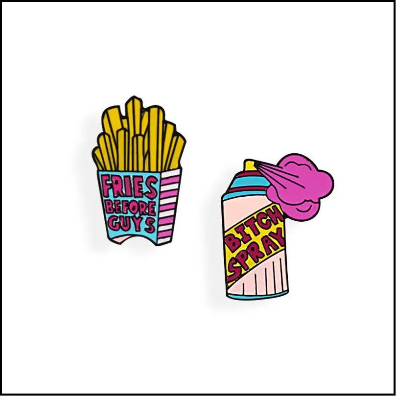 cartoon pins repellent fries brooches funny cute remover spray enamel pins cleaning denim bag badge for women jewelry lapel pins 6189