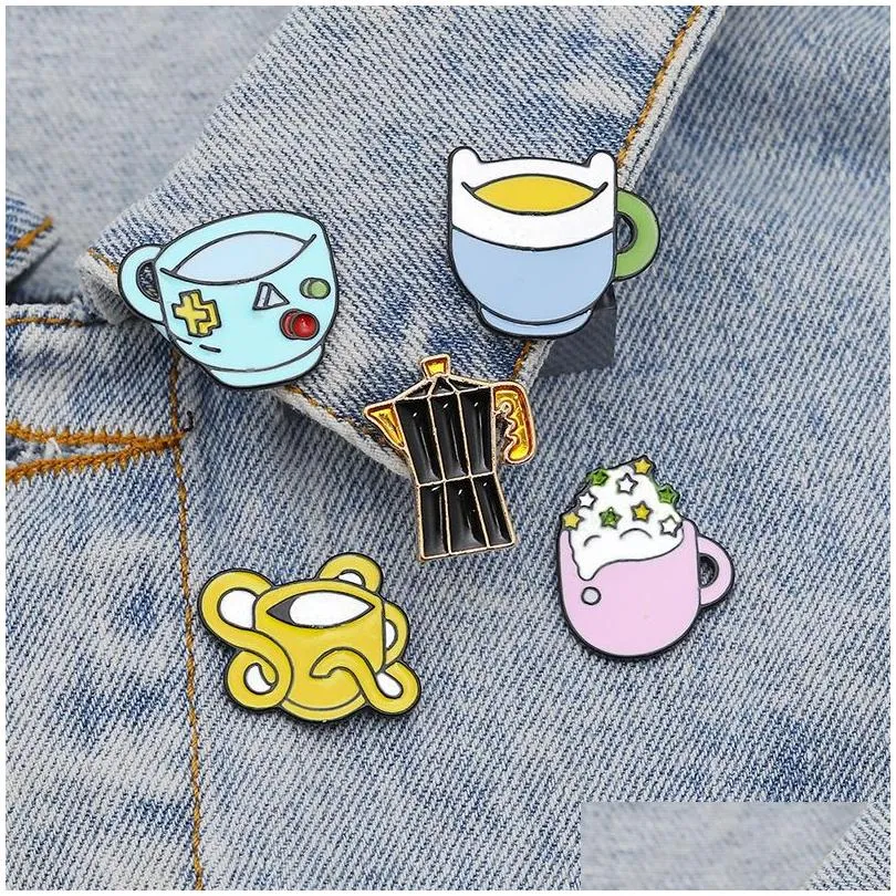 cartoon cute design cup brooches 5pcs set gold plated enamel badges colorful mug alloy pin denim shirt fashion jewelry gift bag