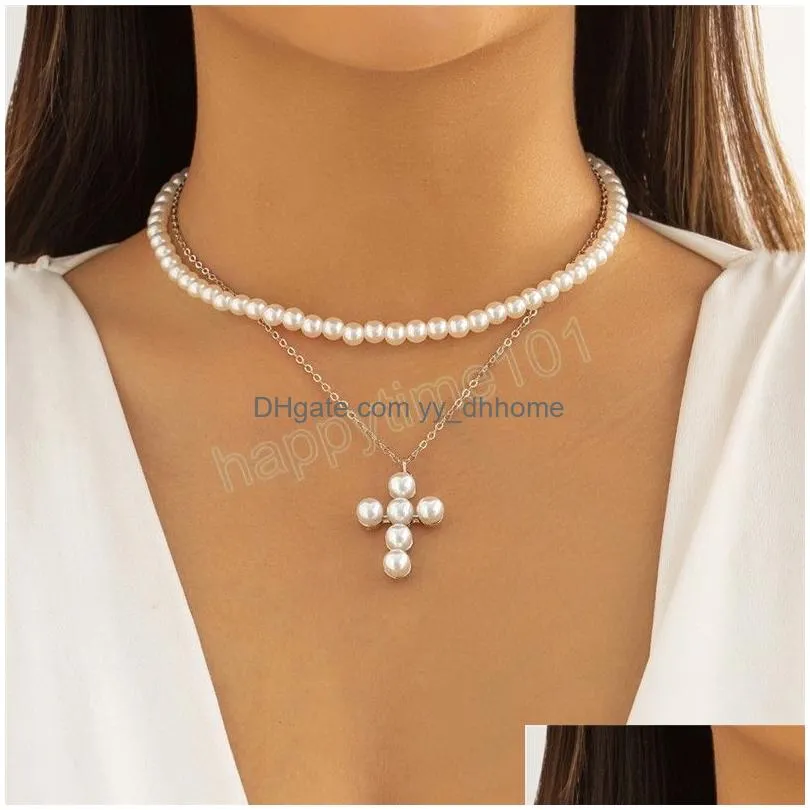 pearl cross jesus pendant necklace for women wed bridal elegant bead chain christian jewelry accessories