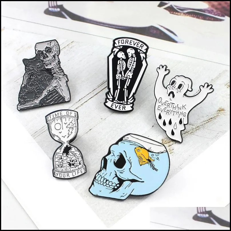 your life hourglass enamel pins ghost skeleton fish tank skull badge brooch bag denim shirt lapel pin gothic cat jewelry gift 1437 d3