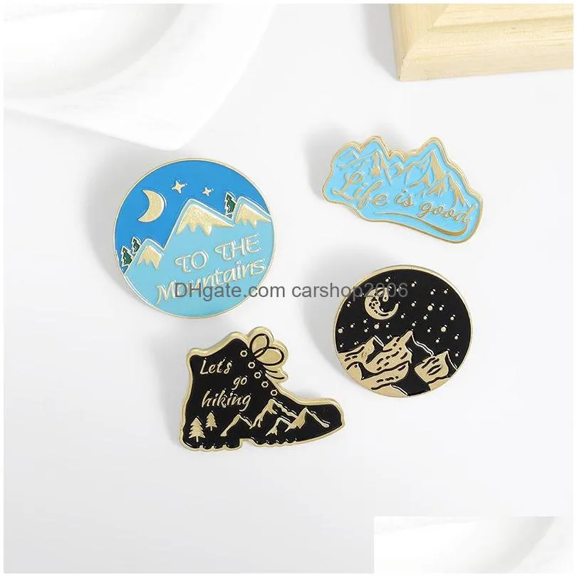 sun moon mountains and rivers outdoor adventure brooches set 7pcs gold plated enamel paint badges for girls alloy lapel pin shirt jewelry gift bag hat