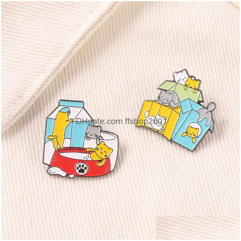 cartoon animal brooches for women cat with box pins brooch party metal painting enamel badge fashion creative jewelry gift accessories