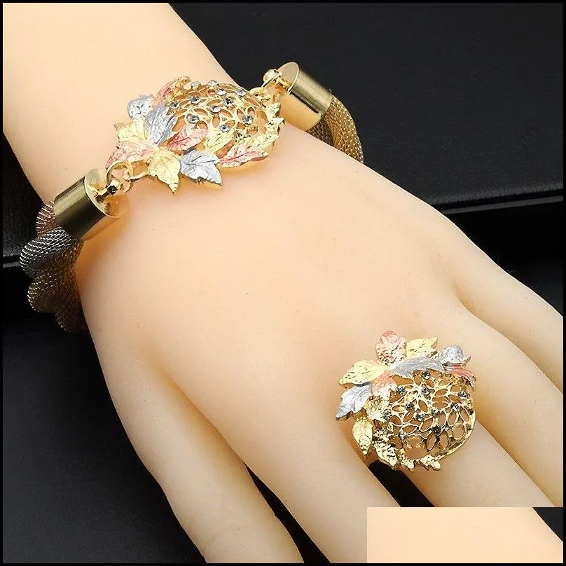 african dubai gold color leaves crystal necklace earrings ring bracelet jewelry sets for women bridal party set 2123 e3