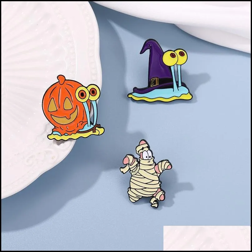 halloween enamel pins cartoon cute pumpkin snail shape metal badges clothes decoration designer brooches and pin women jewelry wholesale 2zb