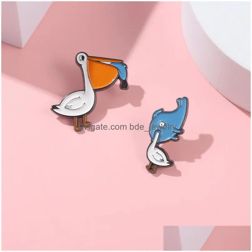 creative animal white goose eat fish brooches for women cartoon cute couple enamel paint lapel pins funny badges denim shirt gift bag accessories collar