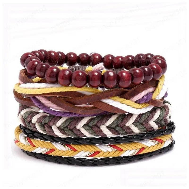 mans cowhide leather bracelet diy hand woven beading multilayer braid wax rope combination suit bracelet size can be adjusted