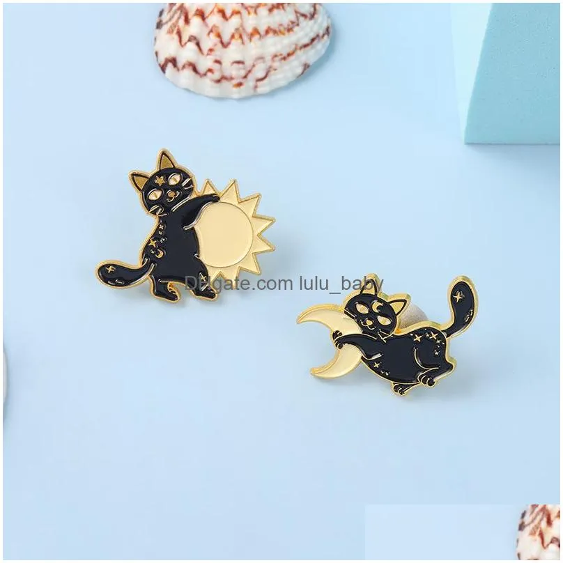 punk black cat brooches for women gold plated alloy badges cute sun moon collar pin denim shirt jewelry gift bag hat clothes