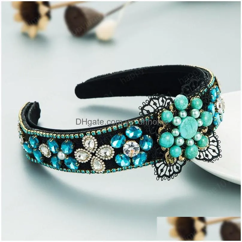 luxury lace flower headband for woman vintage multi color crystal beaded hairband girls party jewelry crowns