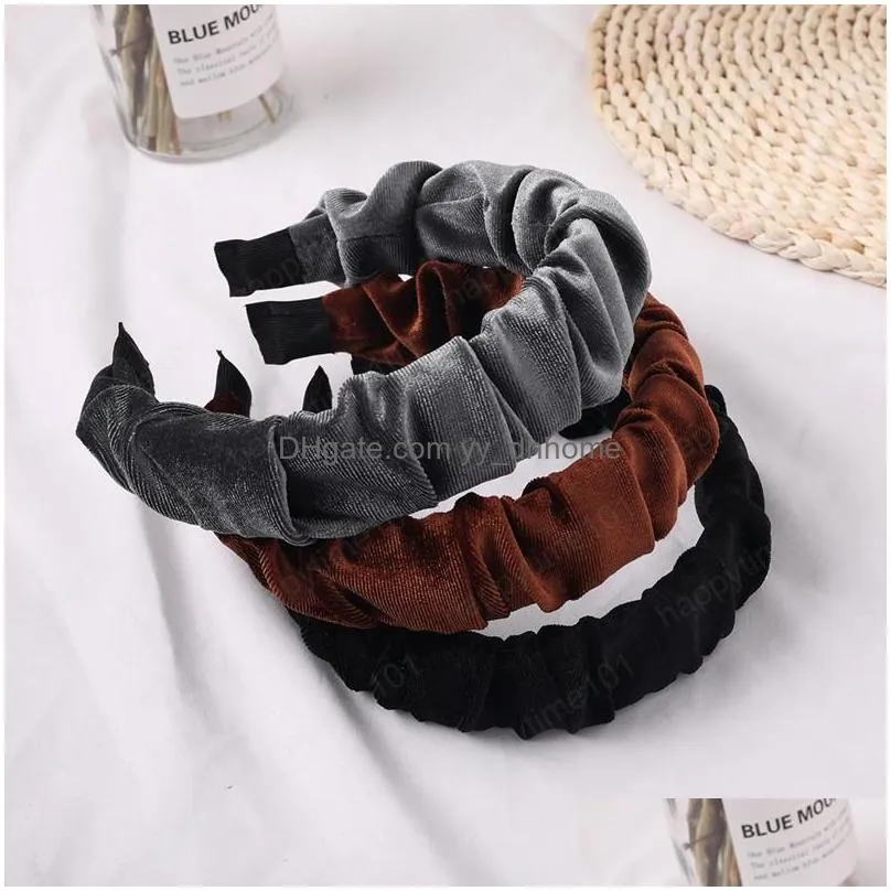 fashion velvet wide headband winter women girls pleated wave cloth hairband candy color soft elegant hair accessories