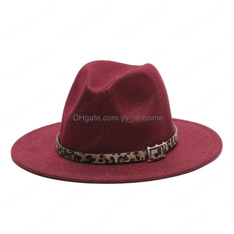 high quality fashion woolen women felt jazz fedora hats with leopard belt wide brim panama men party wedding cap