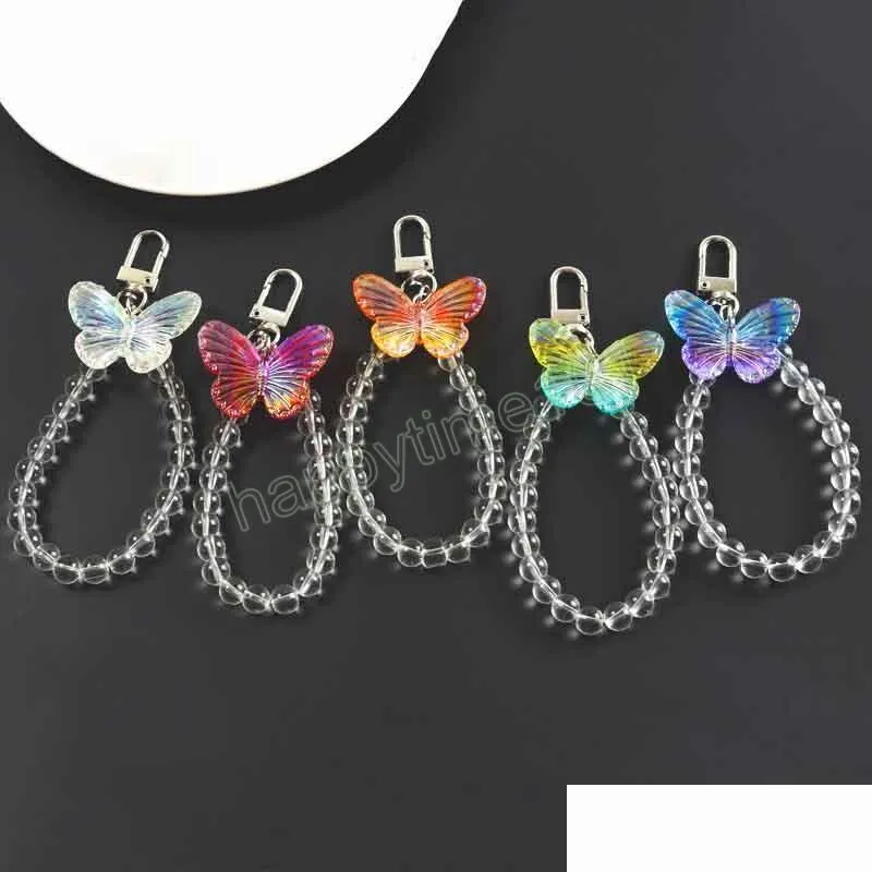 crystal butterfly keychain transparent bead lanyards key ring for bling hand wrist strap rope cord holder