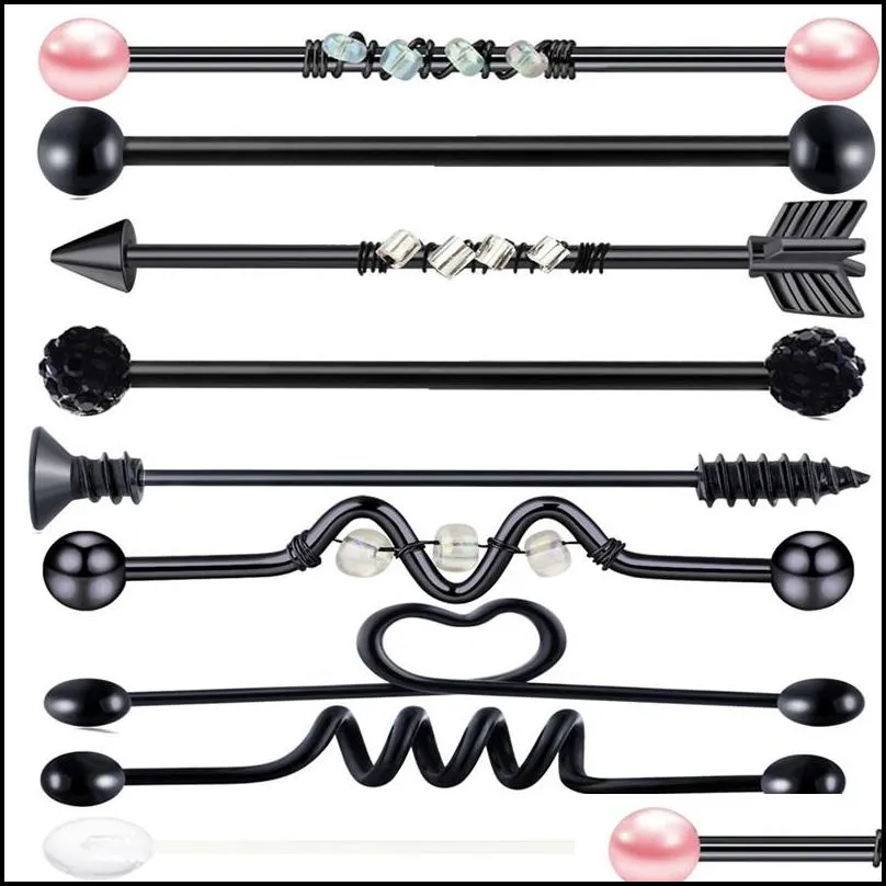 9pc 14g industrial barbell navel piercing ear cartilage helix stud straight long bar earring body jewelry women 1223 e3