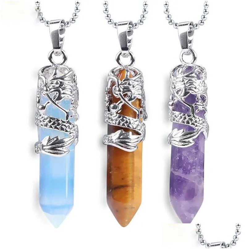 dragon tribe totem natural stone hexagonal crystal quartz prism ethnic pendant necklace hanging jewelry for women men