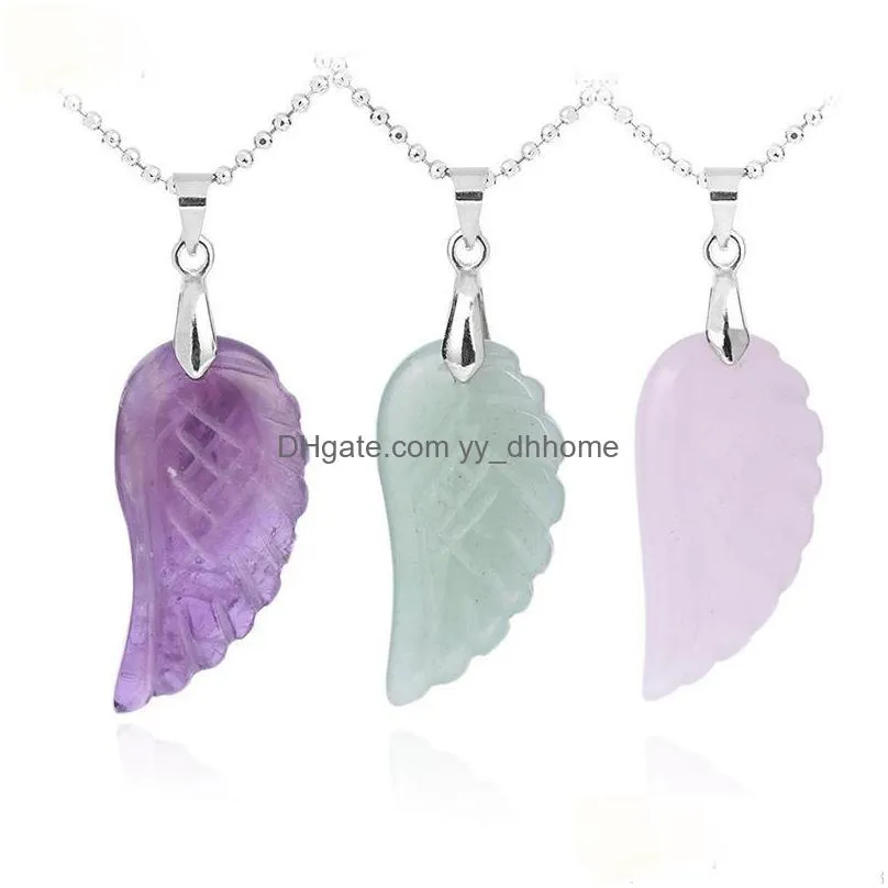 natural gem stone angel wing necklaces pendants purple pink rock crystal lapis lazuli opal green aventurine jewelry