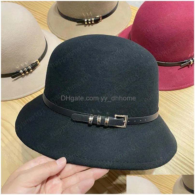 autumn winter women wool caps fashion solid color bucket cap with leather belt woman casual fisherman hat