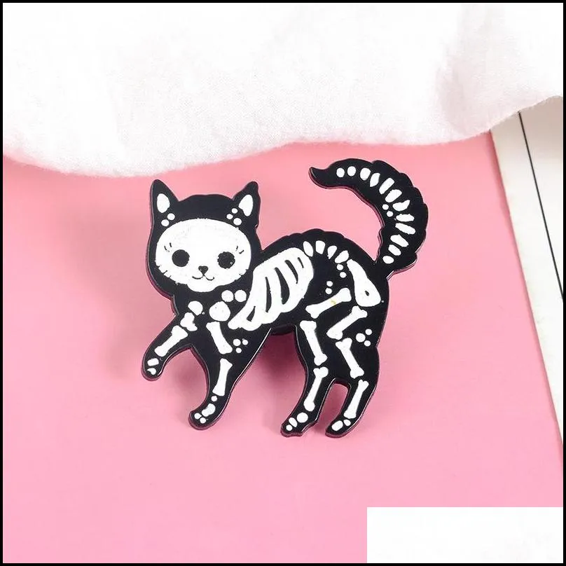 cat skeleton enamel pins punk glitter dark cat brooch badge bag clothes lapel pin funny animal jewelry gift for friends 6192 q2