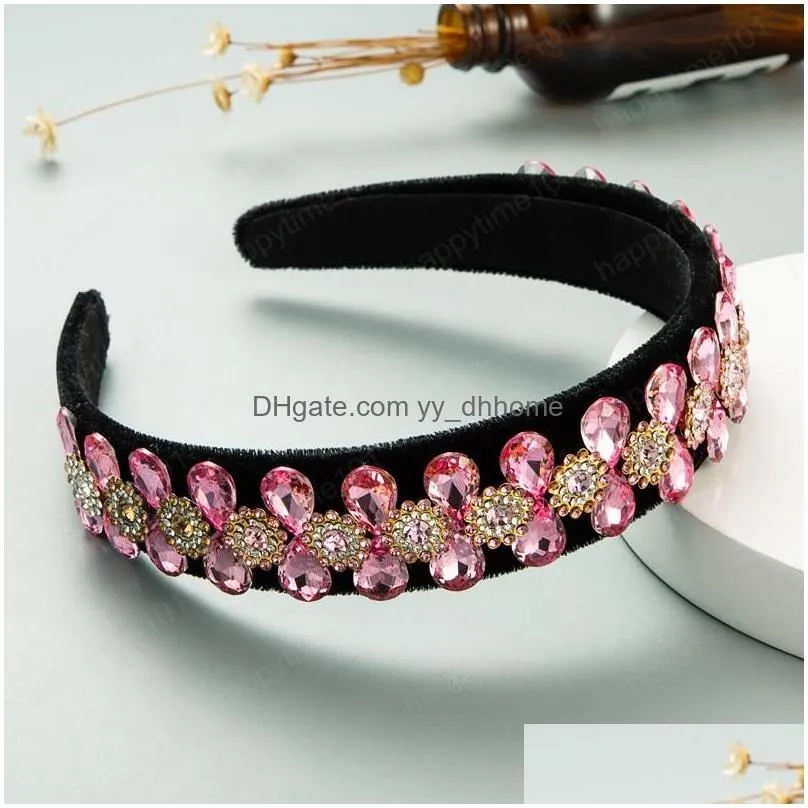 colorful crystal flower headband vintage shiny rhinestone padded black velvet hairband female party headpieces