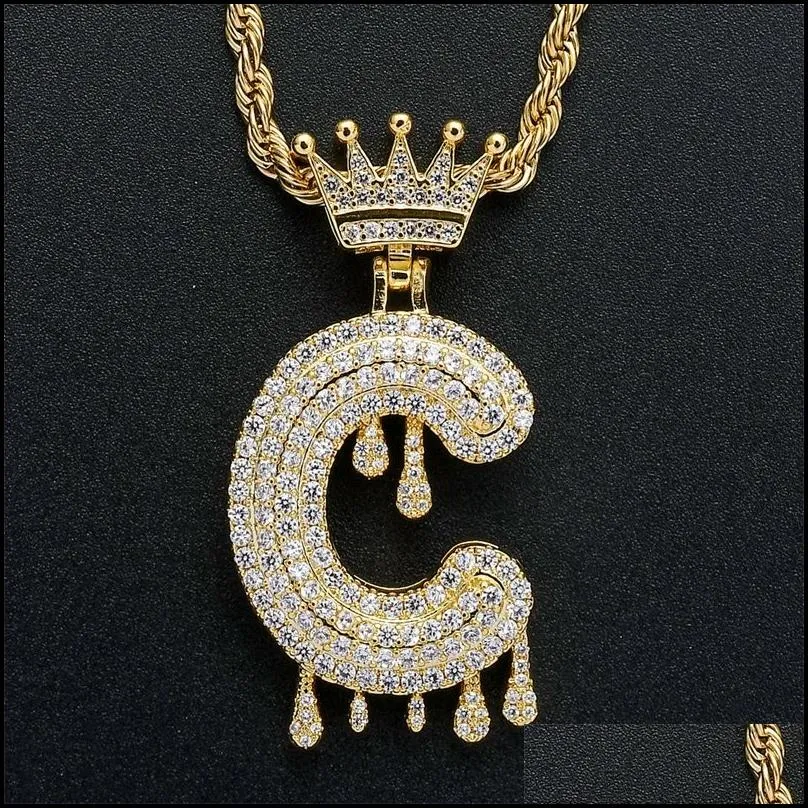 26 english initial crown pendant necklaces bling jewelry zircon 18k gold letter diamond pendants hip hop necklace for women men stainless steel chain 2528