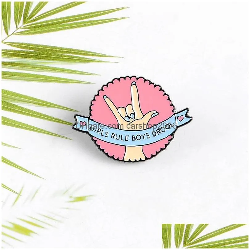 creative feminism badge brooches for women round zinc alloy letter girls rule boys drool denim shirts hats bags enamel pins small