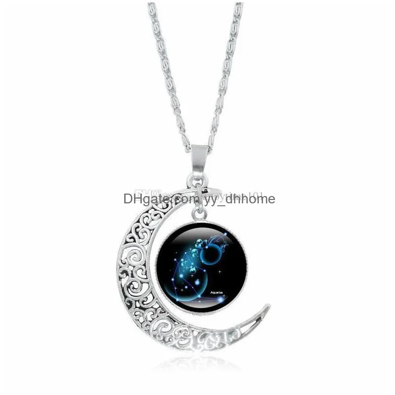 fashion 12 constellation necklace zodiac glass cabochon pendant silver crescent moon silver chain necklace women jewelry