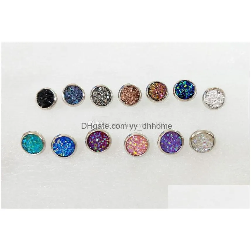 fashion 8mm druzy earings stainless steel resin drusy dome seals cabochon stud earrings for women jewelry