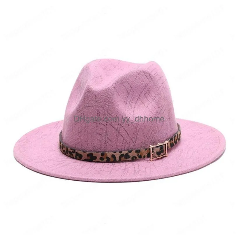 high quality fashion woolen women felt jazz fedora hats with leopard belt wide brim panama men party wedding cap