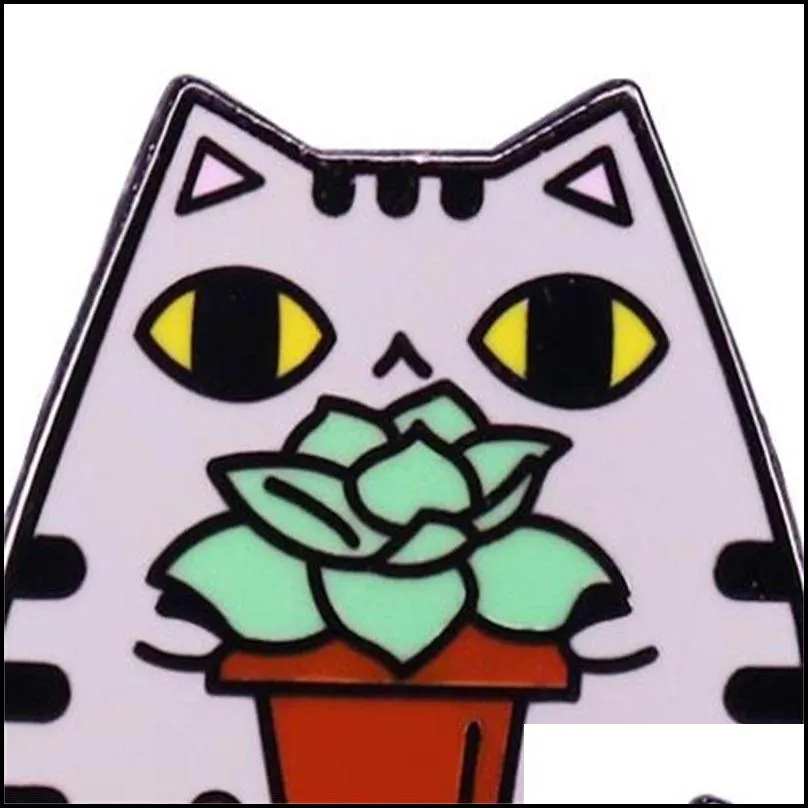 hard enamel brooch pin cute gray tabby cat succulent plant metal badges lapel pins brooches jackets jeans fashion jewelry accessories 1501