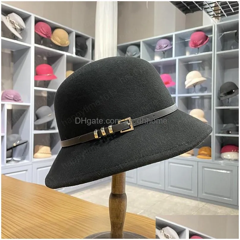 autumn winter women wool caps fashion solid color bucket cap with leather belt woman casual fisherman hat