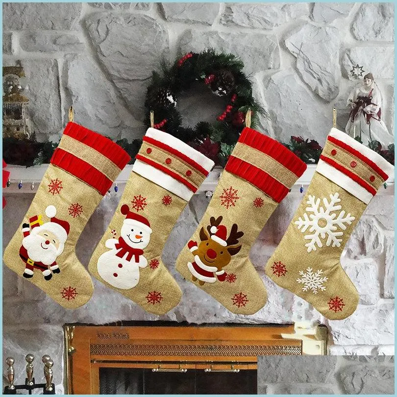 18.8inch big christmas stockings burlap canvas santa snowman reindeer cuff family pack gift bags for xmas holiday decor 1048 b3