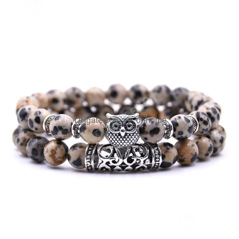 8mm colorful natural stone agate turquoise strands bracelet antique silver plated owl charm bracelets