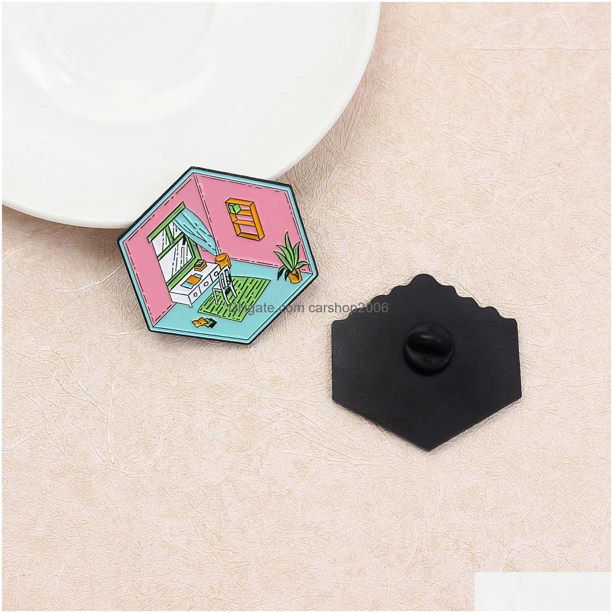 cartoon threedimensional room design brooch 3pcs/set lovely home kitchen bathroom enamel pins metal brooches for girls gift jewelry creative badges denim shirt