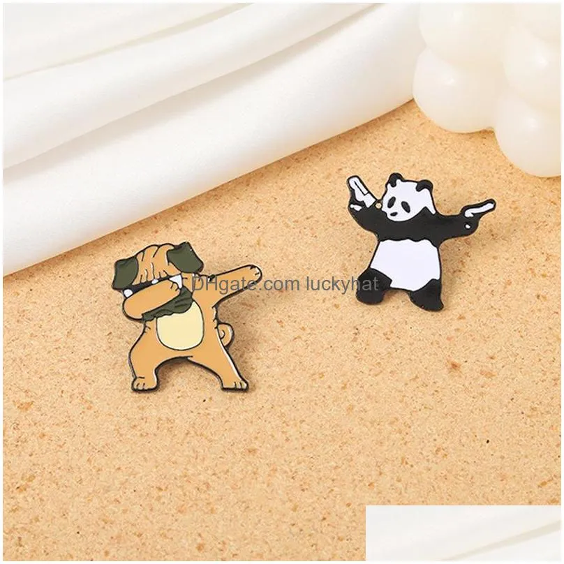 cartoon animal shar pei dog brooches for women panda with gun pins brooch party metal painting enamel badge fashion creative jewelry gift