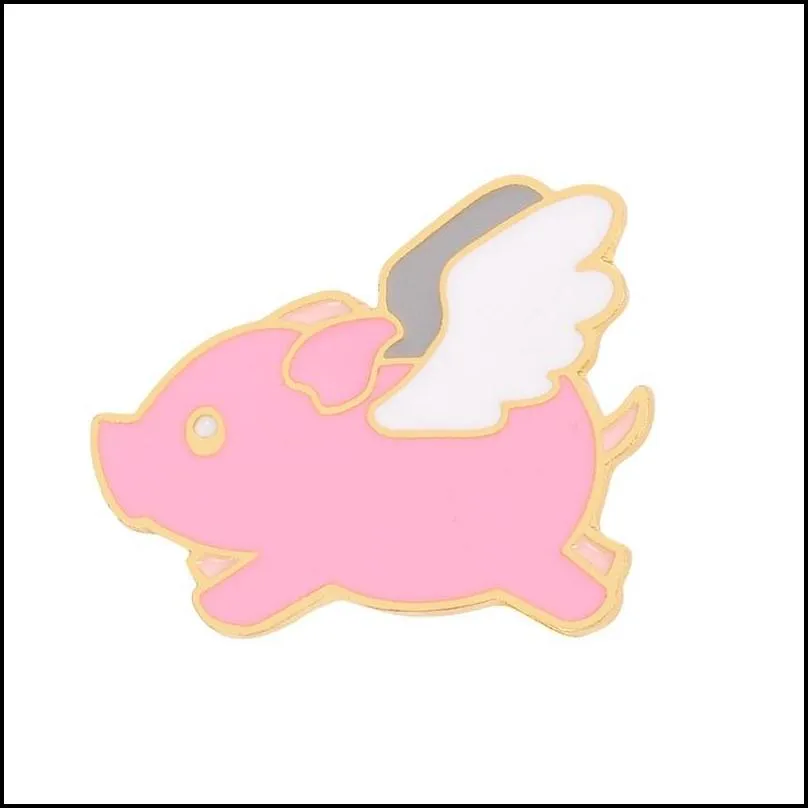 girls hard enamel brooch pin pink wing angel pig lucky cute unique design badges cartoon brooches pins jewelry wholesale 1504 e3