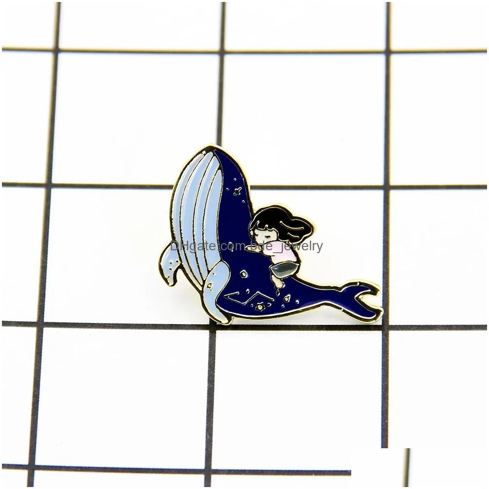 blue whale with girl brooch enamel pins for women creative gold plated animal brooches fashion gift jewelry cartoon badges backpack clothes denim shirt lapel