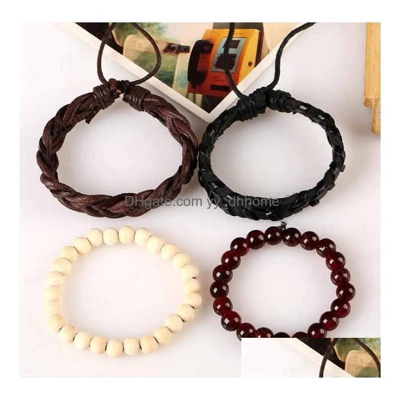 mans cowhide leather bracelet diy hand woven beading multilayer agate wood bead combination suit bracelet size adjusted 4styles/1set