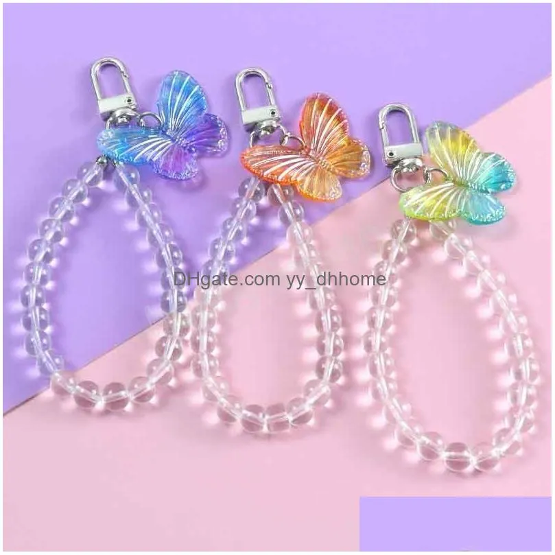 crystal butterfly keychain transparent bead lanyards key ring for bling hand wrist strap rope cord holder