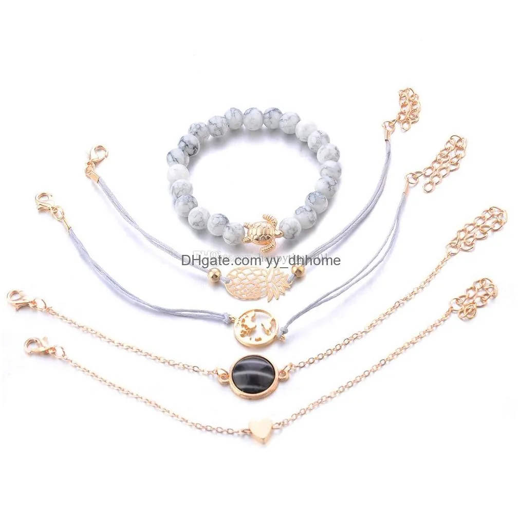 5 pieces / set of simple pineapple love black pearl map turtle blue beaded woven bracelet ladies fashion