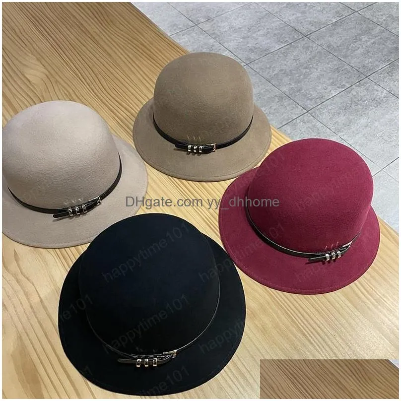 autumn winter women wool caps fashion solid color bucket cap with leather belt woman casual fisherman hat
