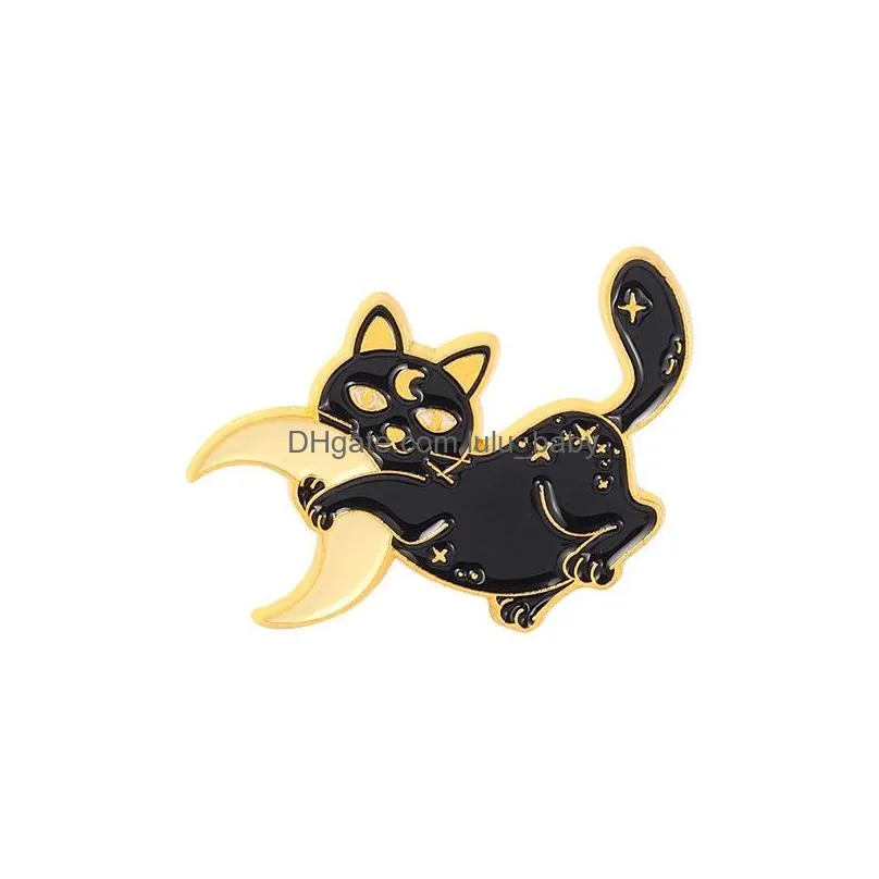 punk black cat brooches for women gold plated alloy badges cute sun moon collar pin denim shirt jewelry gift bag hat clothes