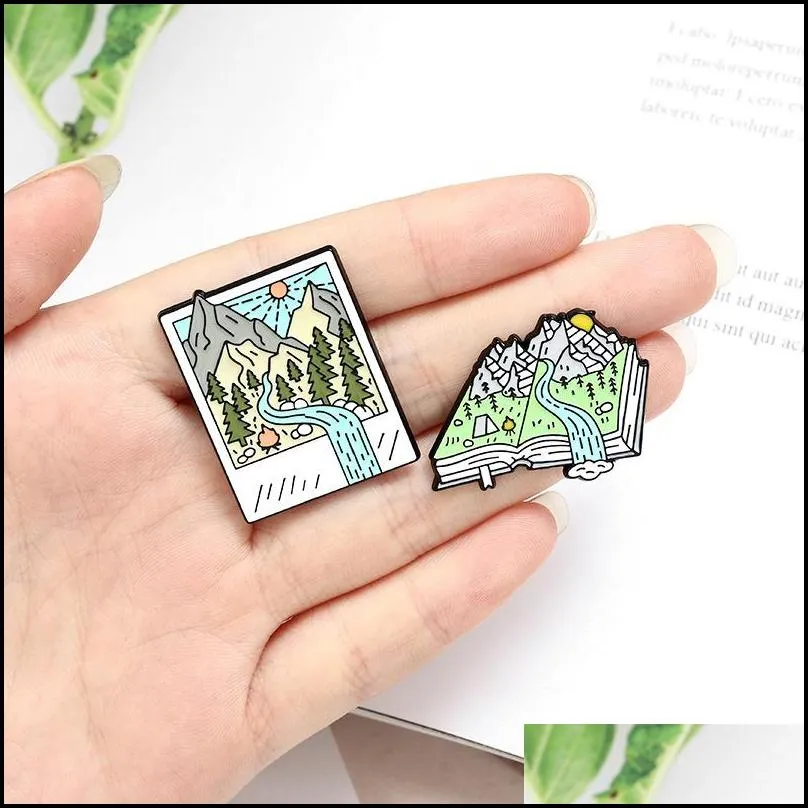 cartoon outdoor photo brooches mountain peak river campfire tent enamel pins creative metal accessories fashion jewelry clothes bag badges 1422