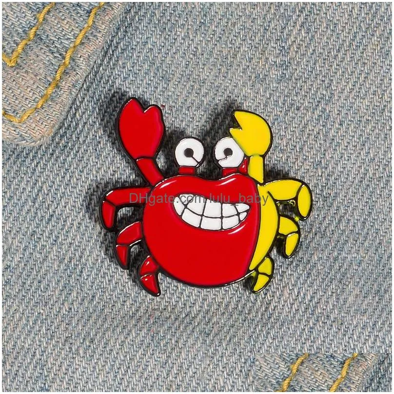 cartoon red yellow funny crab brooches paint enamel lapel pins zinc alloy brooch for women fashion denim jacket shirt badge metal animal jewelry gift bag